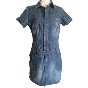 Denim Short Sleeve Button‎ Up Distressed Mini Stretch Fitted Dress Non Stop M